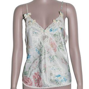 Vintage Floral Camisole Lace Trim Satin Cami Spaghetti Strap Lingerie